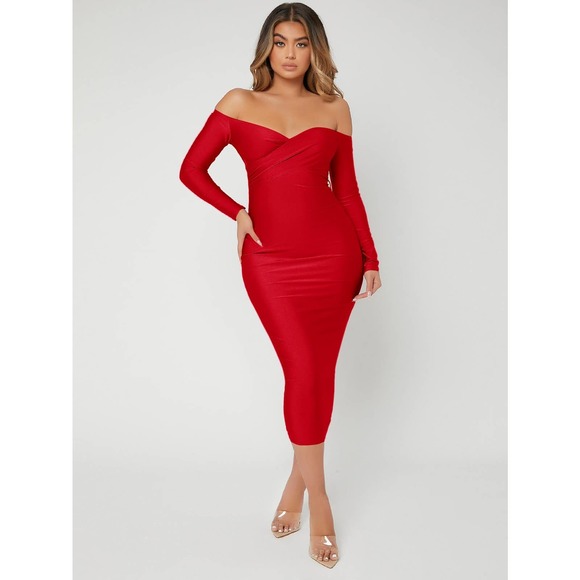 Off Shoulder long sleeve Bodycon midi Dress black - Picture 4 of 8